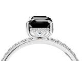 White gold Fancy Black Emerald Cut Diamond Solitaire Ring with Pavé Band and Hidden Halo_28