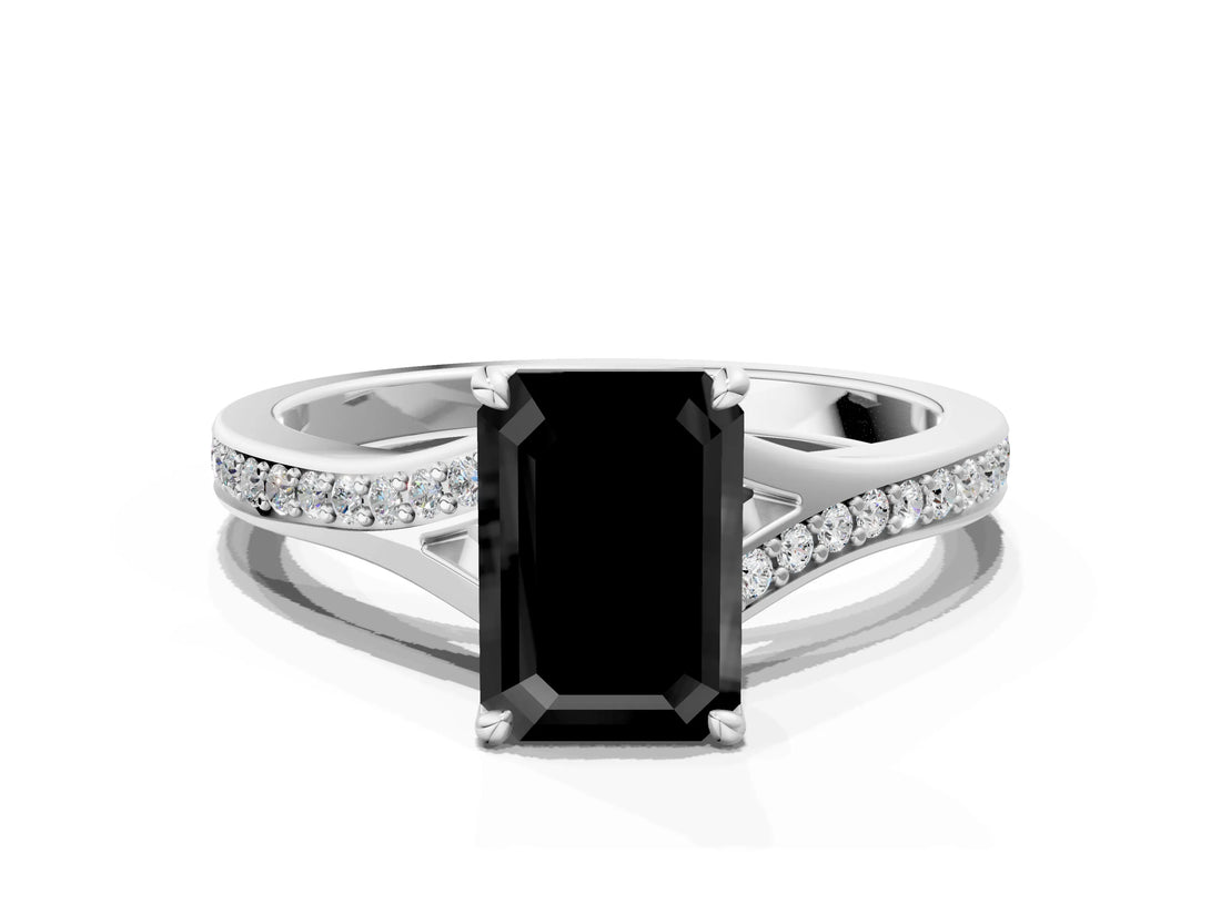 White gold Fancy Black Emerald Cut Diamond Solitaire Ring with Pavé Band and Prong Setting_12