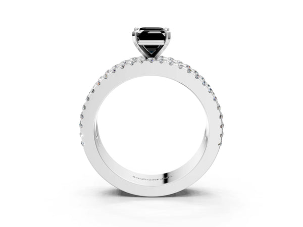 Platinum Emerald Cut Pave and Baguette Engagement Ring Setting for Black Center