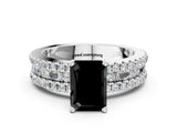 White gold Fancy Black Emerald Cut Diamond Solitaire Ring with Pavé and Channel Set Band