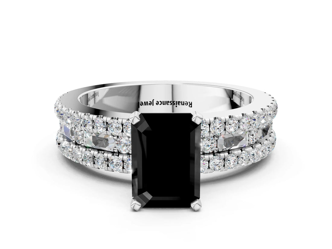 White gold Fancy Black Emerald Cut Diamond Solitaire Ring with Pavé and Channel Set Band