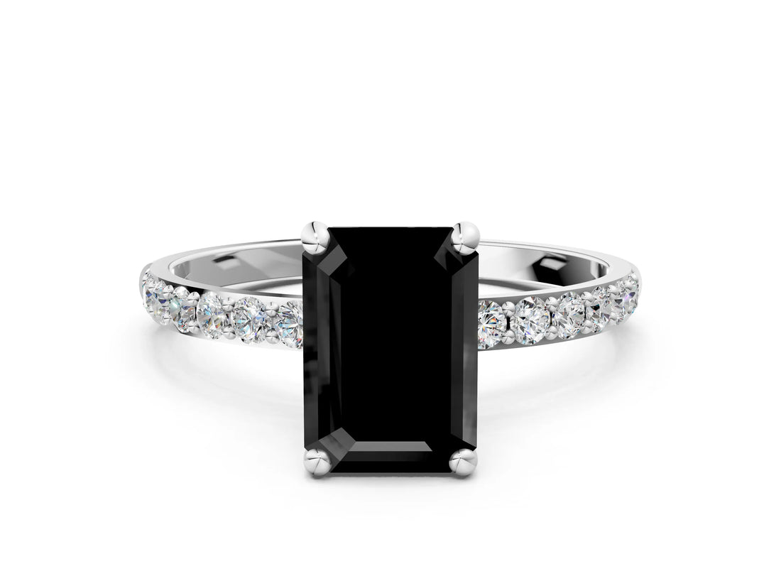 White gold Fancy Black Emerald Cut Diamond Solitaire Ring with Pave Band and Four Prong Setting_24