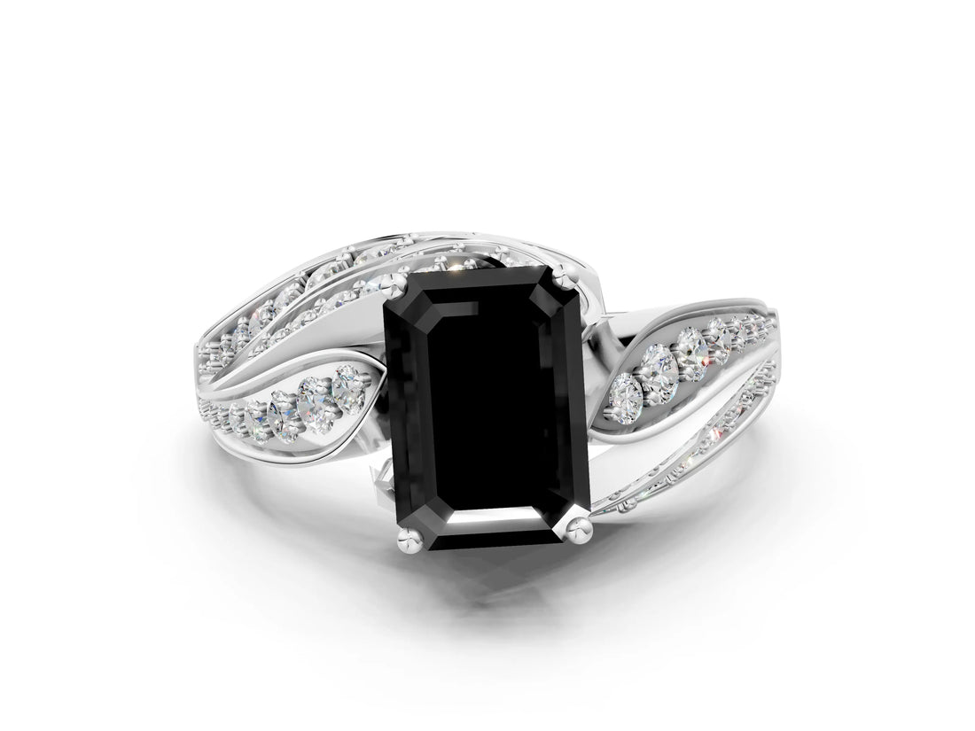 White gold Fancy Black Emerald Cut Diamond Solitaire Ring with Prong Setting and Twisted Pavé Band_12