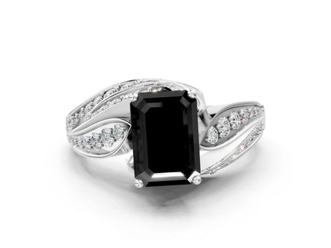 White gold Fancy Black Emerald Cut Diamond Solitaire Ring with Prong Setting and Twisted Pavé Band_12