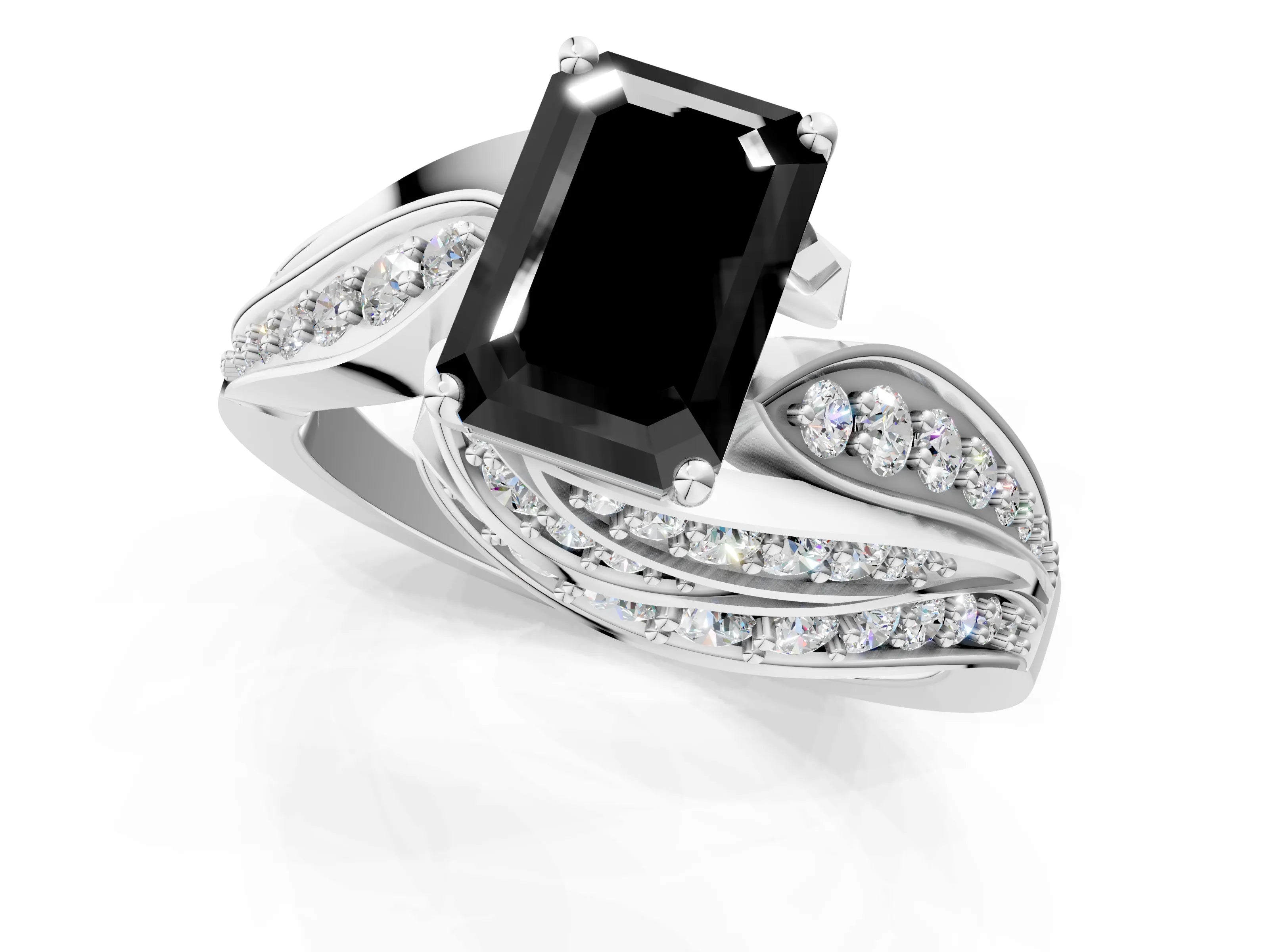 White gold Fancy Black Emerald Cut Diamond Solitaire Ring with Prong Setting and Twisted Pavé Band_13