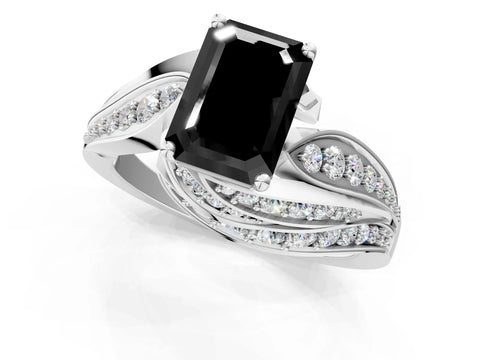 White gold Fancy Black Emerald Cut Diamond Solitaire Ring with Prong Setting and Twisted Pavé Band_13