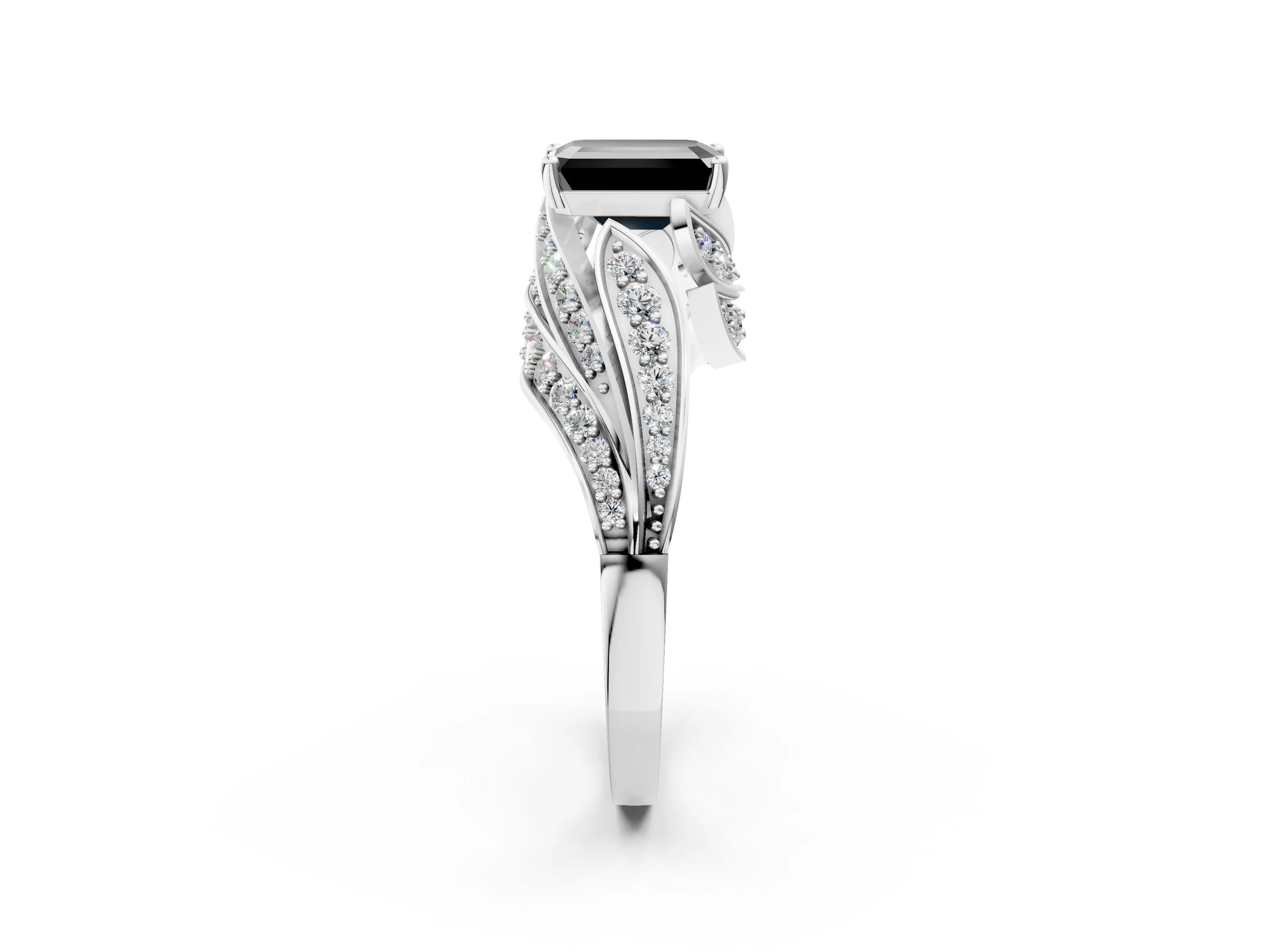 White gold Fancy Black Emerald Cut Diamond Solitaire Ring with Prong Setting and Twisted Pavé Band_14