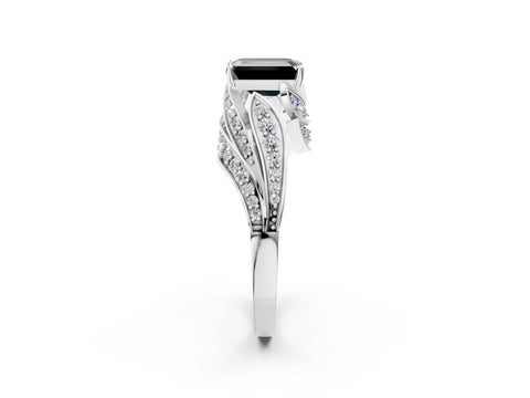 White gold Fancy Black Emerald Cut Diamond Solitaire Ring with Prong Setting and Twisted Pavé Band_14