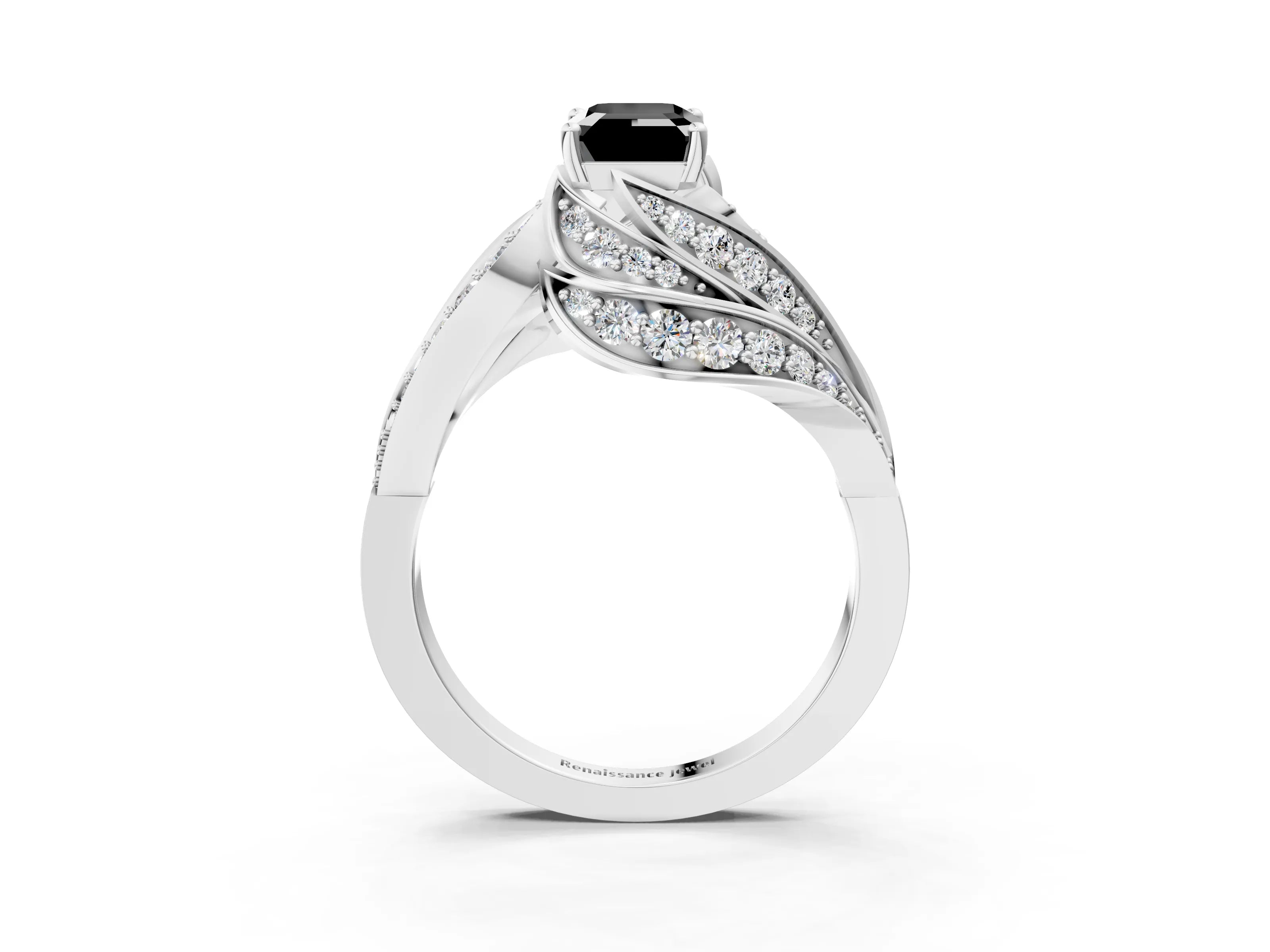 White gold Fancy Black Emerald Cut Diamond Solitaire Ring with Prong Setting and Twisted Pavé Band_15