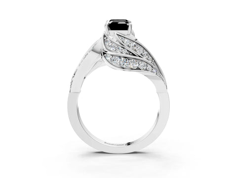 White gold Fancy Black Emerald Cut Diamond Solitaire Ring with Prong Setting and Twisted Pavé Band_15