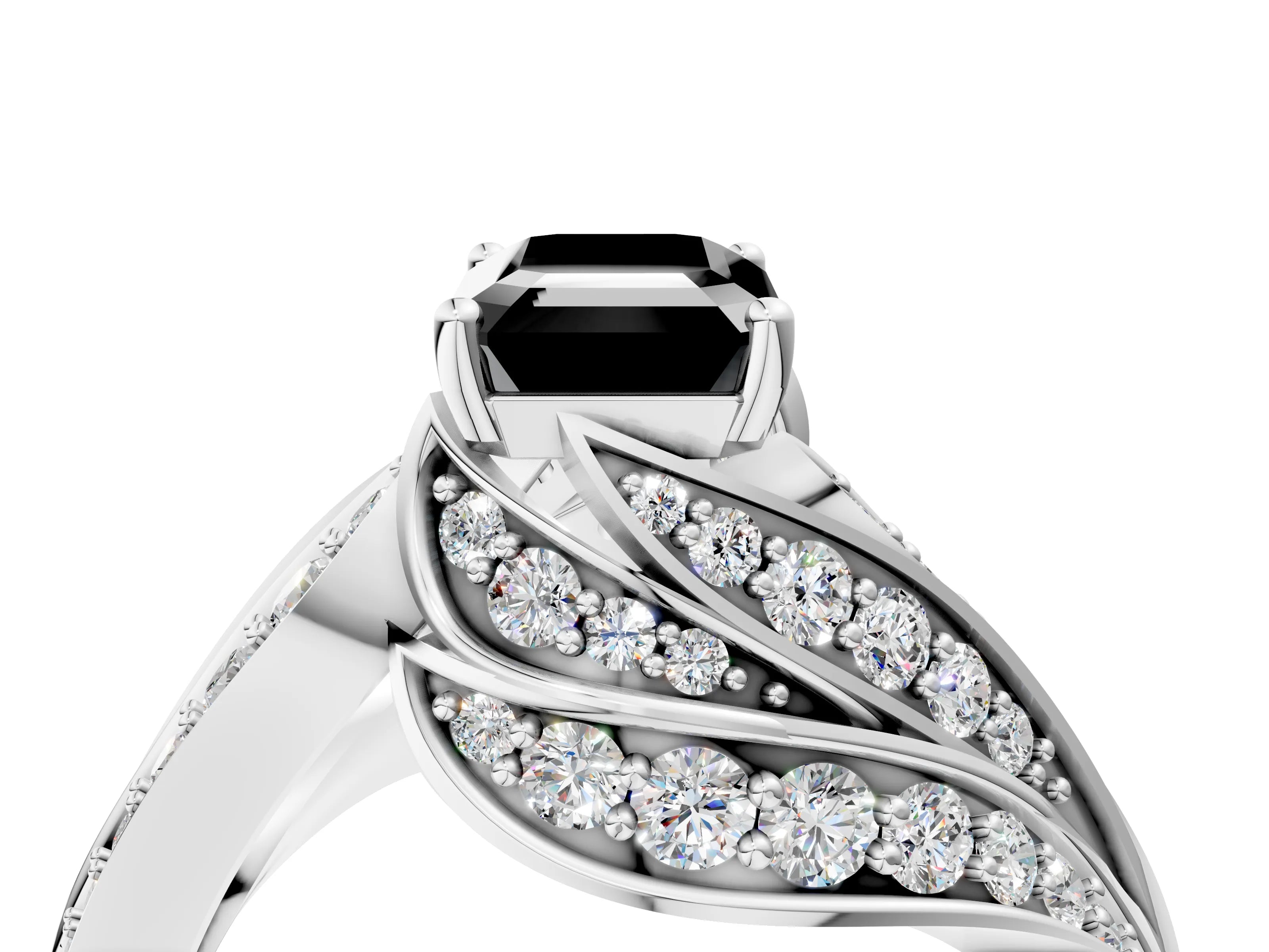 White gold Fancy Black Emerald Cut Diamond Solitaire Ring with Prong Setting and Twisted Pavé Band_16