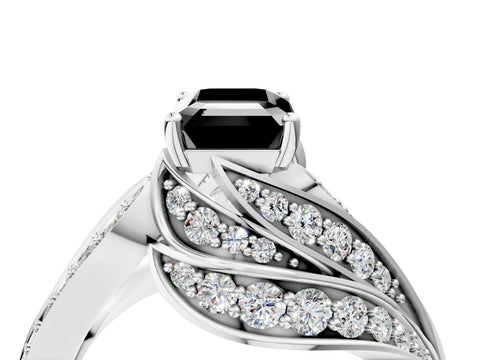 White gold Fancy Black Emerald Cut Diamond Solitaire Ring with Prong Setting and Twisted Pavé Band_16