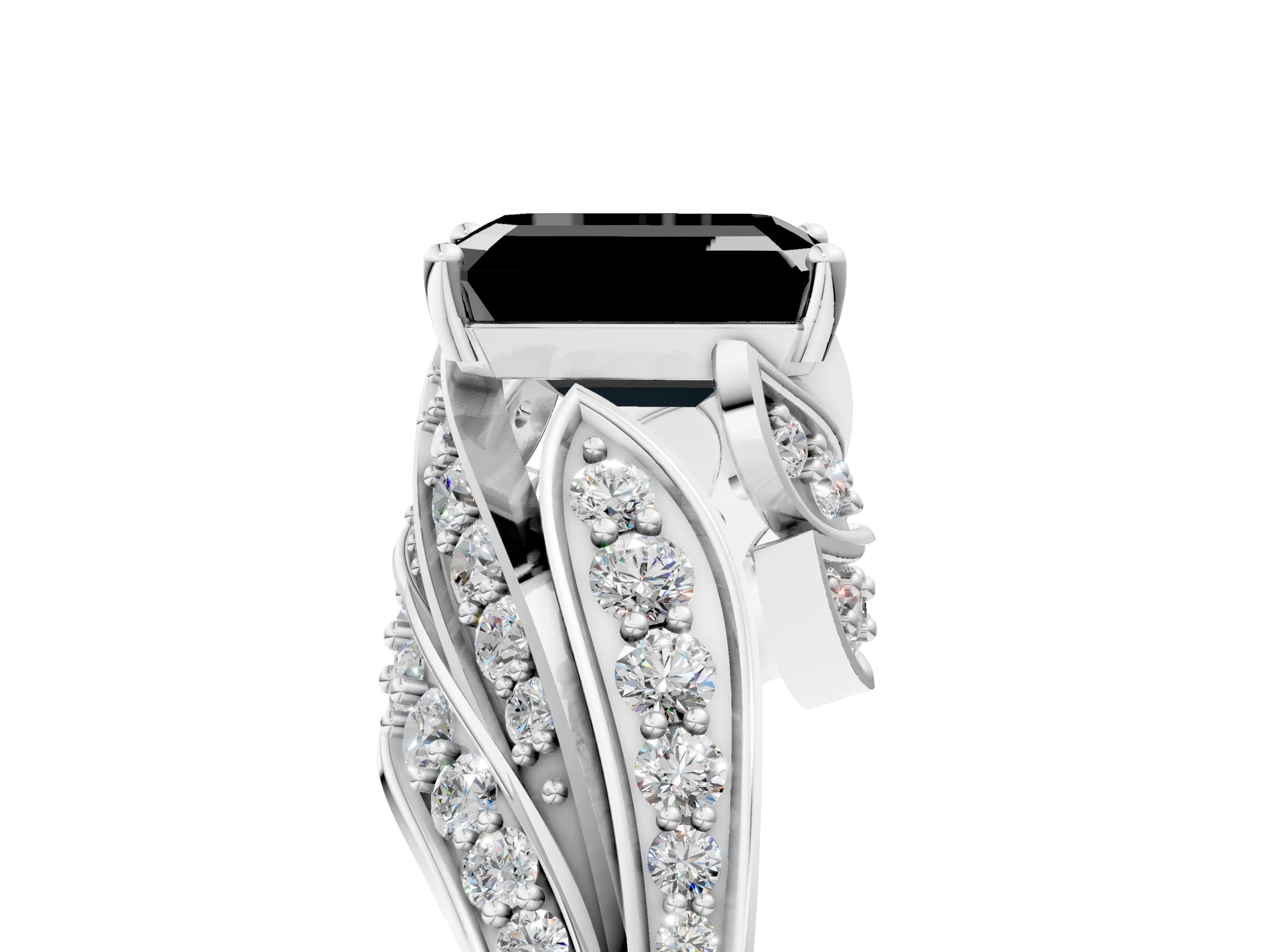 White gold Fancy Black Emerald Cut Diamond Solitaire Ring with Prong Setting and Twisted Pavé Band_17