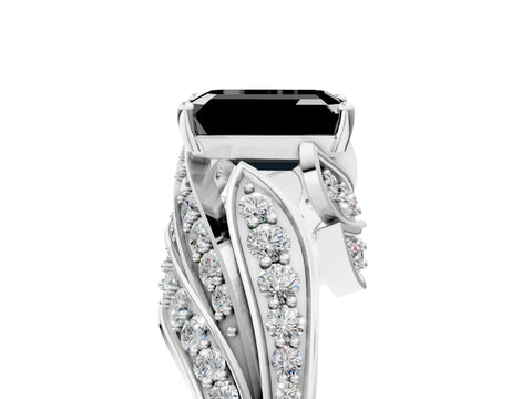 White gold Fancy Black Emerald Cut Diamond Solitaire Ring with Prong Setting and Twisted Pavé Band_17