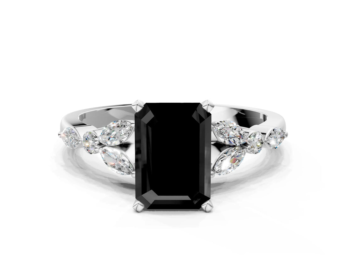 White gold Fancy Black Emerald Cut Diamond Solitaire Ring with Side Stones and Four-Prong Setting_36