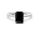 White gold Fancy Black Emerald Cut Diamond Solitaire Ring with Thin Band and Four-Prong Setting