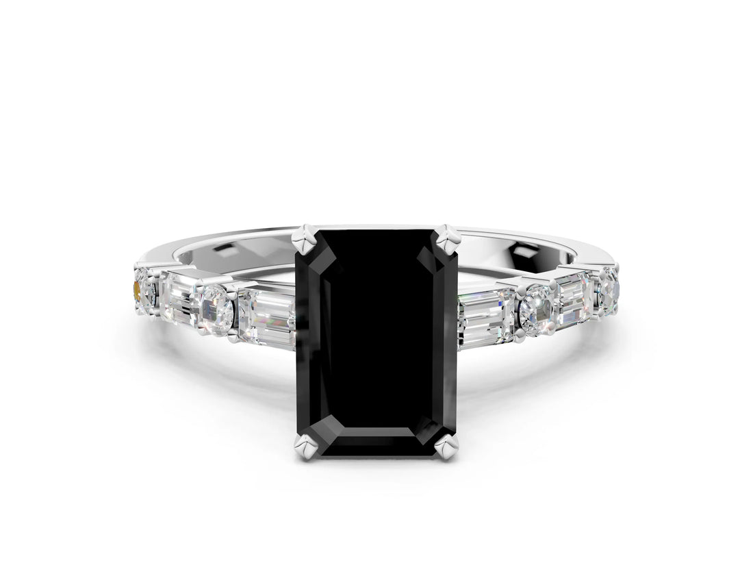 White gold Fancy Black Emerald Cut Diamond Solitaire with Side Baguettes and Channel Set Band