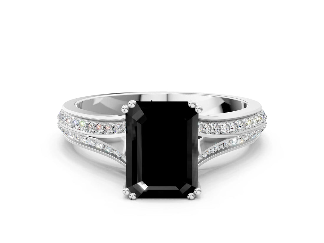 White gold Fancy Black Emerald Cut Diamond Split Shank Engagement Ring with Pavé Band