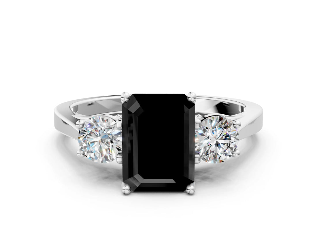 White gold Fancy Black Emerald Cut Diamond Three-Stone Engagement Ring with Prong Setting and Pavé Band