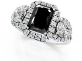 White gold Fancy Black Emerald Cut Diamond Three-Stone Halo Ring with Prong Setting and Pavé Accents_1