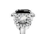 White gold Fancy Black Emerald Cut Diamond Three-Stone Halo Ring with Prong Setting and Pavé Accents_5