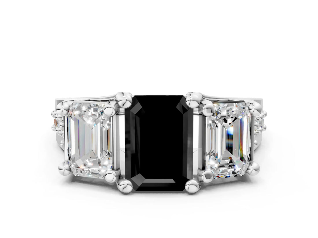 White gold Fancy Black Emerald Cut Diamond Three-Stone Ring with Channel Set Band and Four-Prong Setting_24
