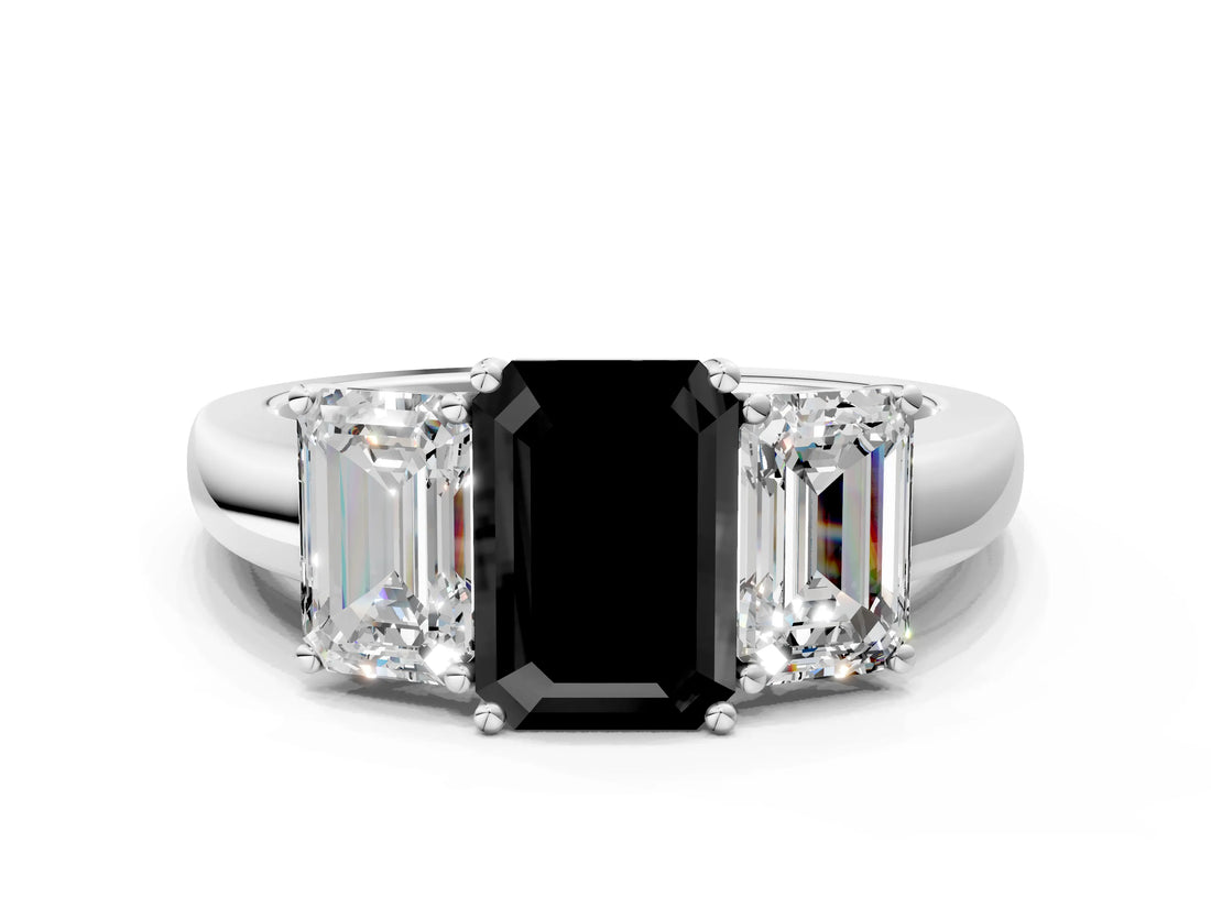 White gold Fancy Black Emerald Cut Diamond Three-Stone Ring with Four-Prong Setting and Classic Band