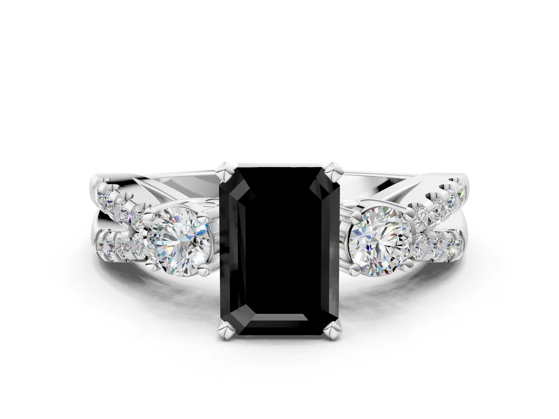 White gold Fancy Black Emerald Cut Diamond Three-Stone Ring with Pavé Split Shank and Four-Prong Setting