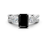 White gold Fancy Black Emerald Cut Diamond Three-Stone Ring with Pavé Split Shank and Four-Prong Setting