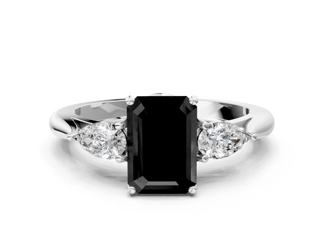 White gold Fancy Black Emerald Cut Diamond Three-Stone Ring with Pear  Side Stones and Prong Setting_72
