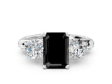 White gold Fancy Black Emerald Cut Diamond Three-Stone Ring with Prong Setting and Pavé Band