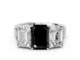 White gold Fancy Black Emerald Cut Diamond Three-Stone Ring with Prong Setting and Textured Band