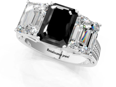 White gold Fancy Black Emerald Cut Diamond Three-Stone Ring with Prong Setting and Textured Band_1