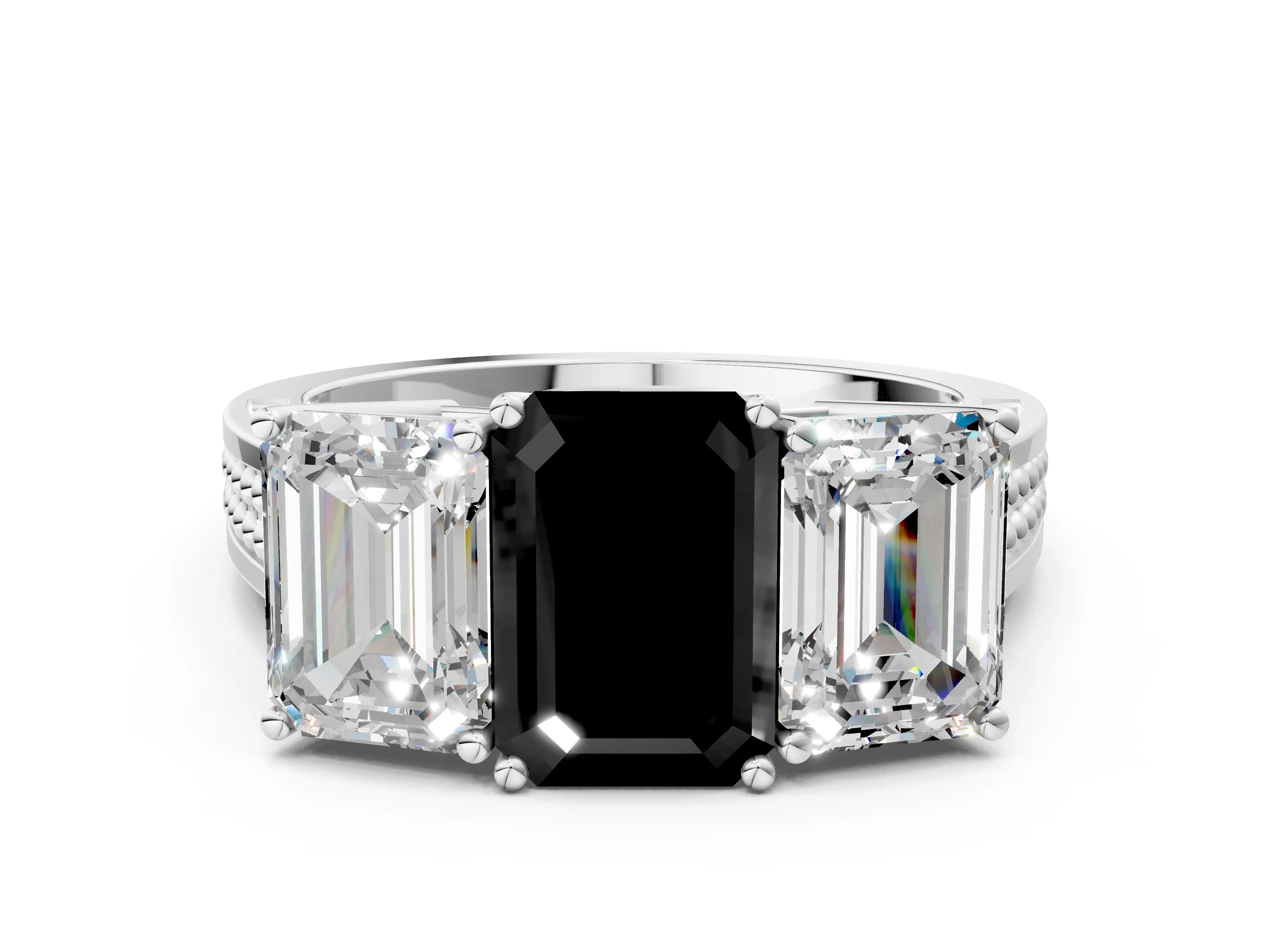 White gold Fancy Black Emerald Cut Diamond Three-Stone Ring with Prong Setting and Textured Band_24