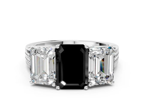 White gold Fancy Black Emerald Cut Diamond Three-Stone Ring with Prong Setting and Textured Band_24