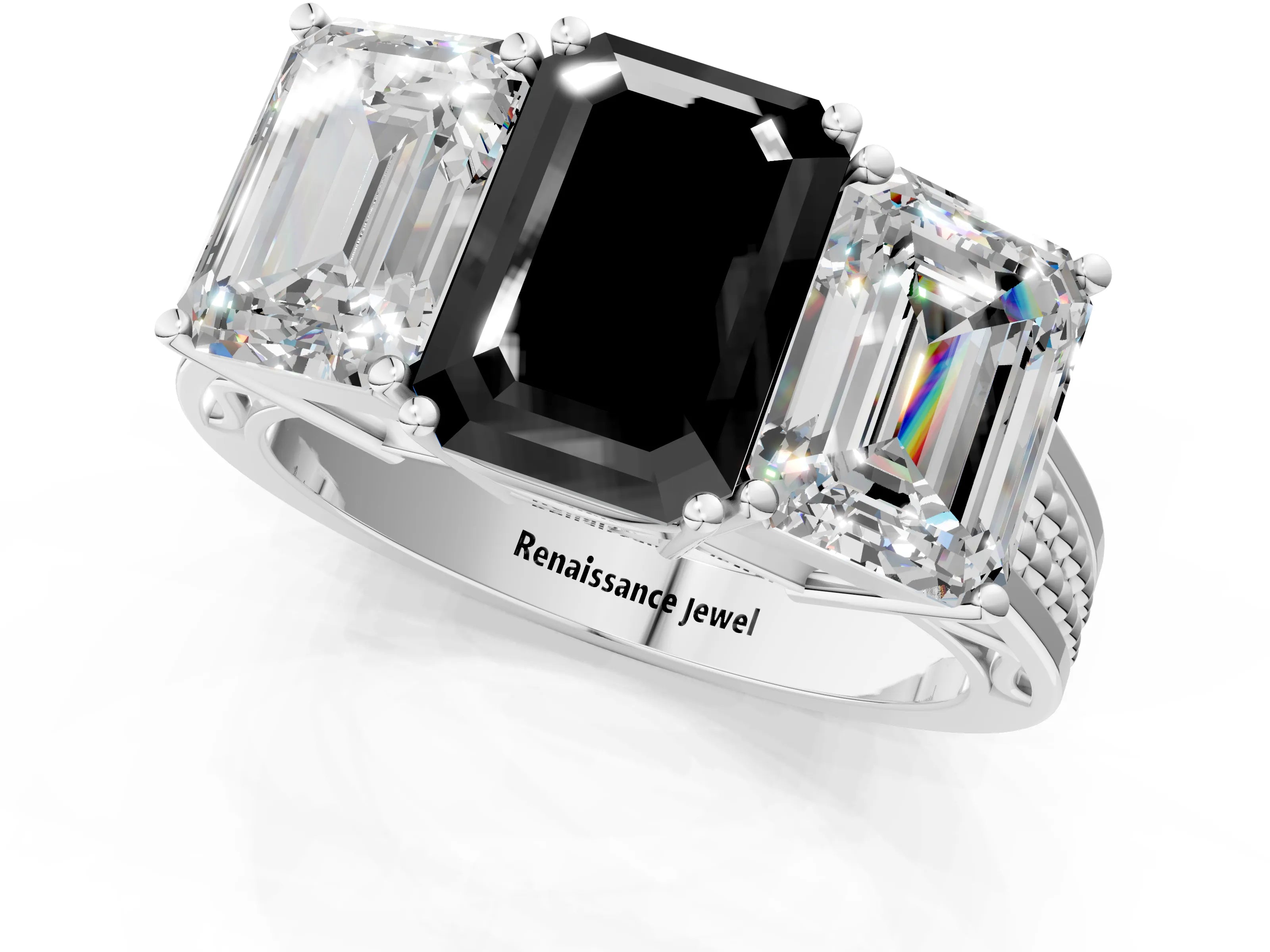 White gold Fancy Black Emerald Cut Diamond Three-Stone Ring with Prong Setting and Textured Band_25