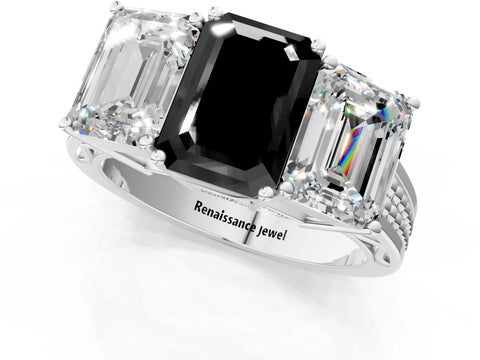 White gold Fancy Black Emerald Cut Diamond Three-Stone Ring with Prong Setting and Textured Band_25
