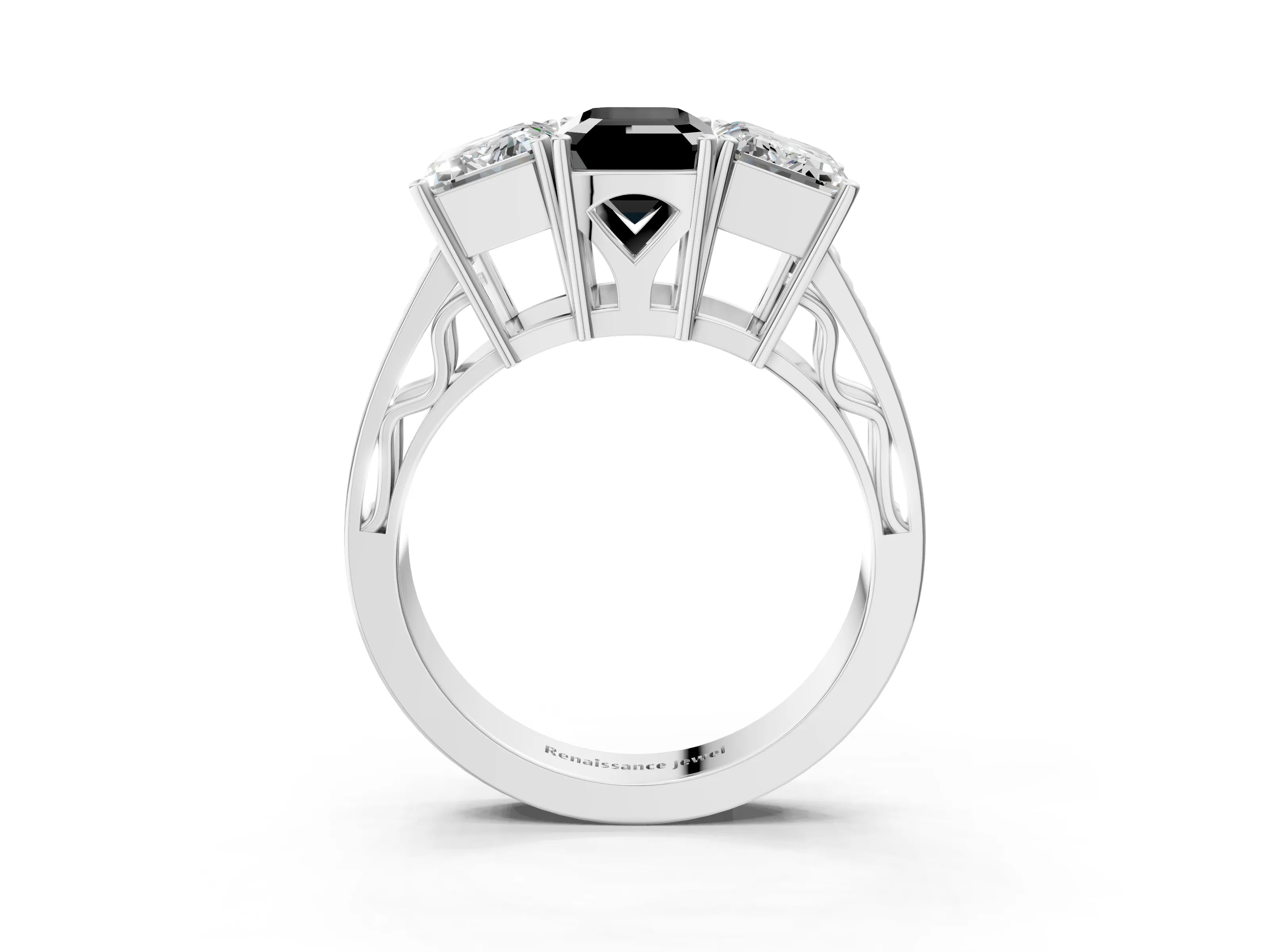 White gold Fancy Black Emerald Cut Diamond Three-Stone Ring with Prong Setting and Textured Band_27