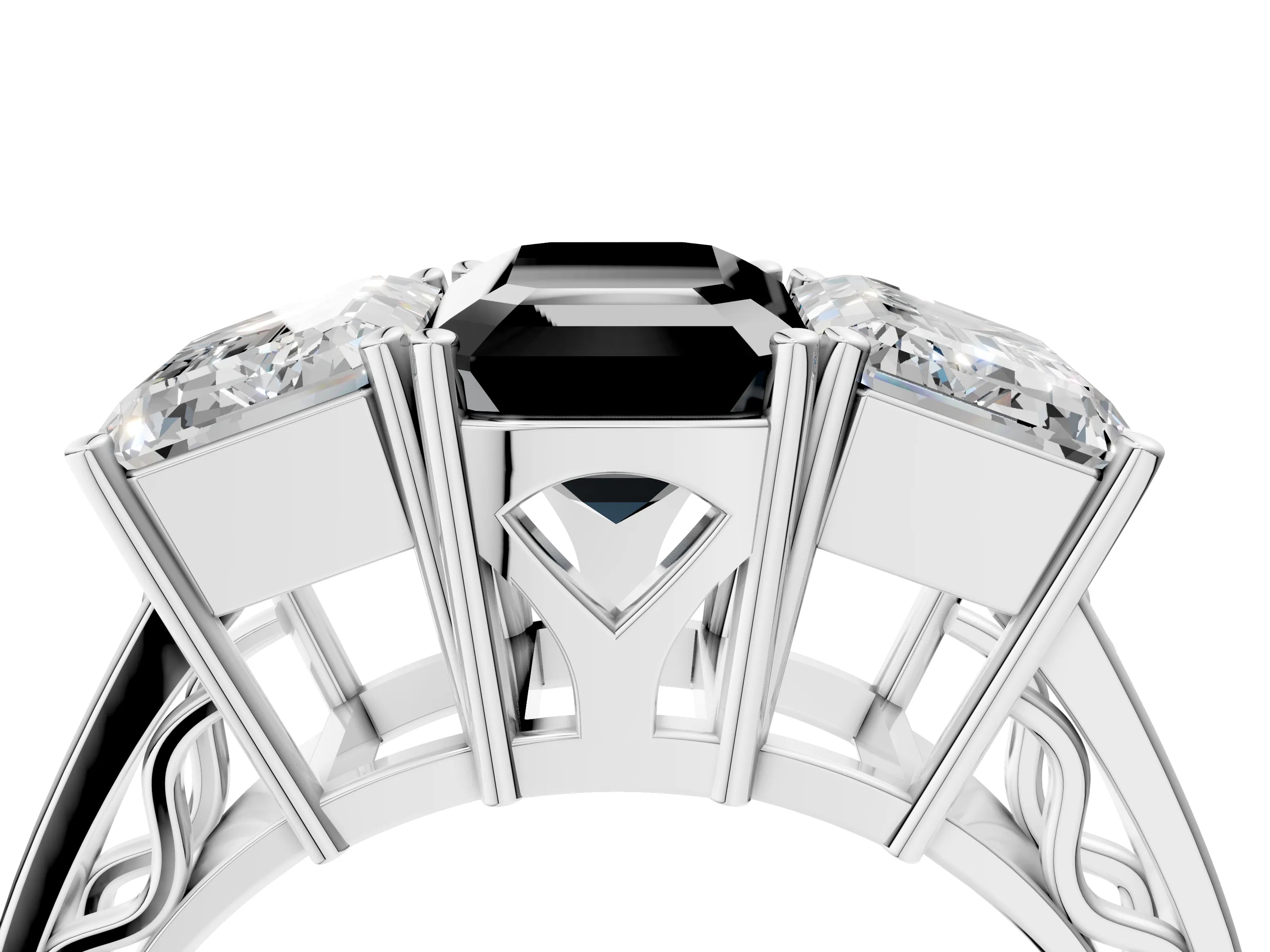 White gold Fancy Black Emerald Cut Diamond Three-Stone Ring with Prong Setting and Textured Band_28
