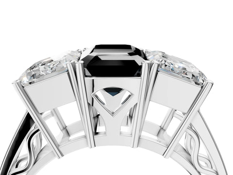 White gold Fancy Black Emerald Cut Diamond Three-Stone Ring with Prong Setting and Textured Band_28