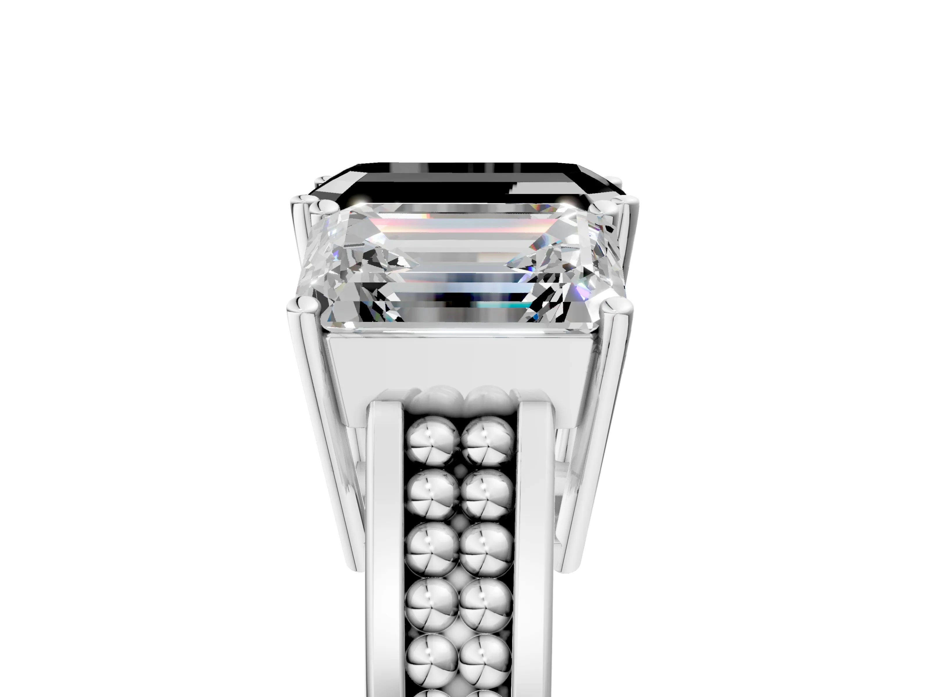 White gold Fancy Black Emerald Cut Diamond Three-Stone Ring with Prong Setting and Textured Band_29