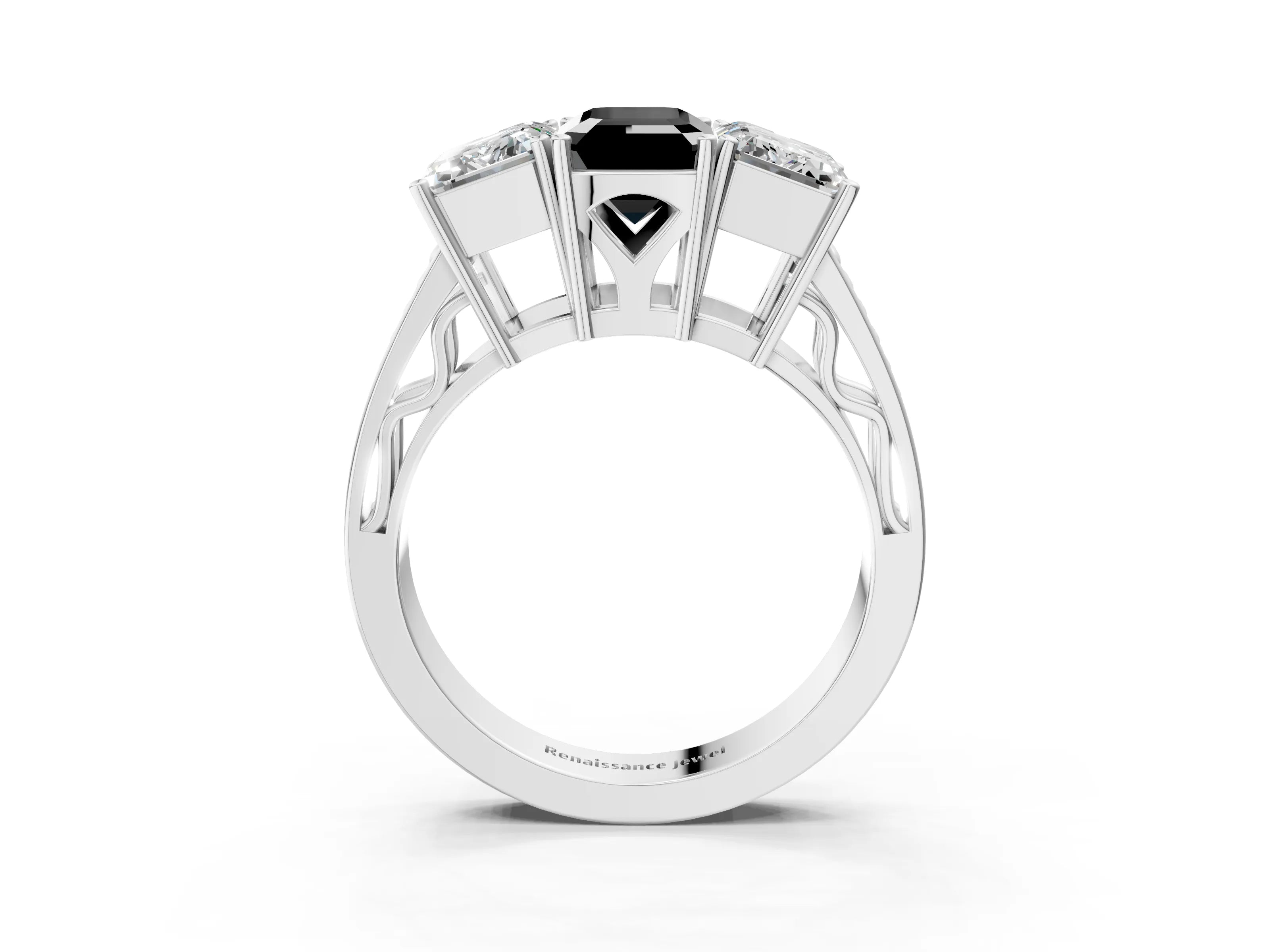 White gold Fancy Black Emerald Cut Diamond Three-Stone Ring with Prong Setting and Textured Band_3