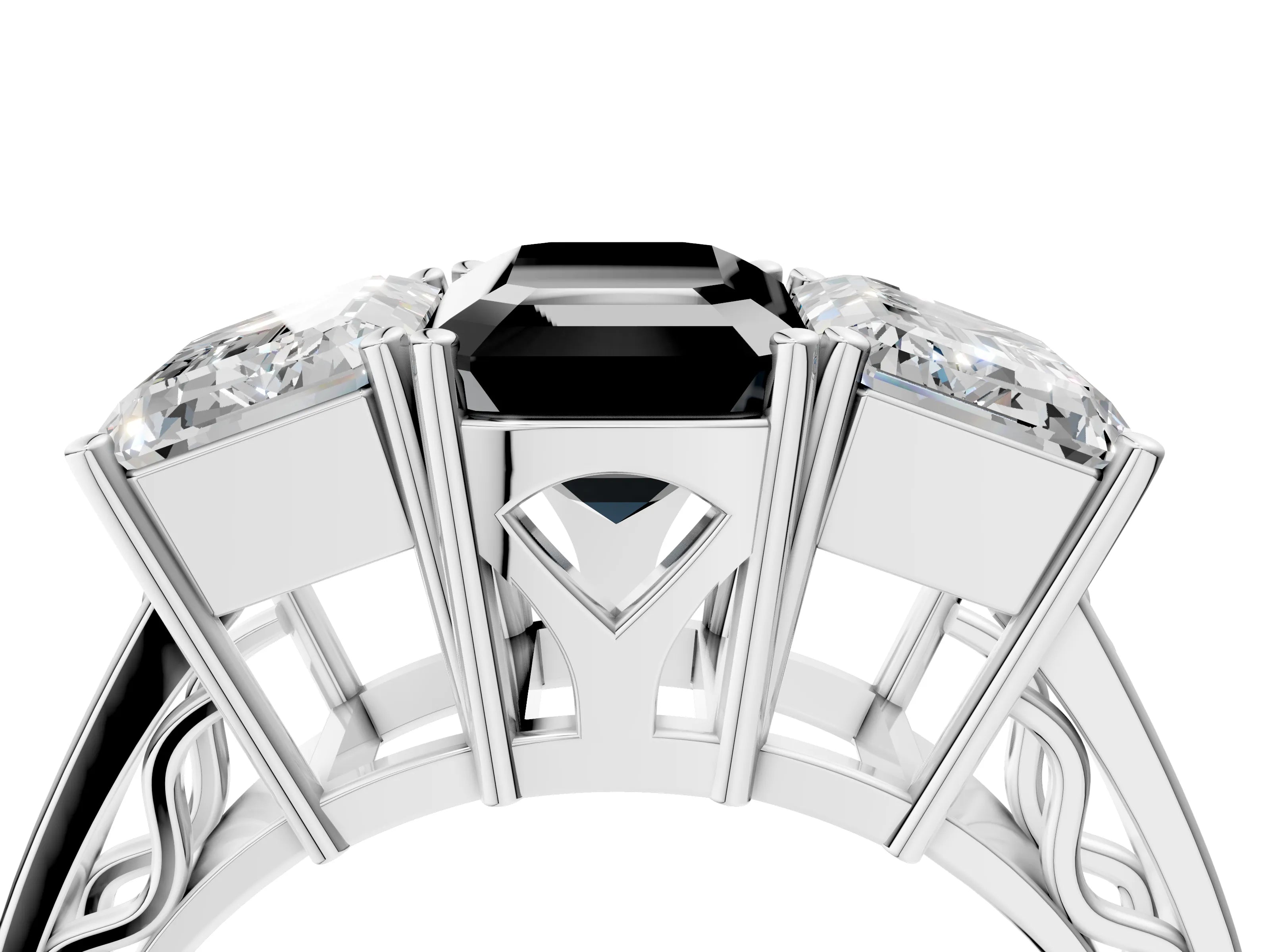 White gold Fancy Black Emerald Cut Diamond Three-Stone Ring with Prong Setting and Textured Band_4
