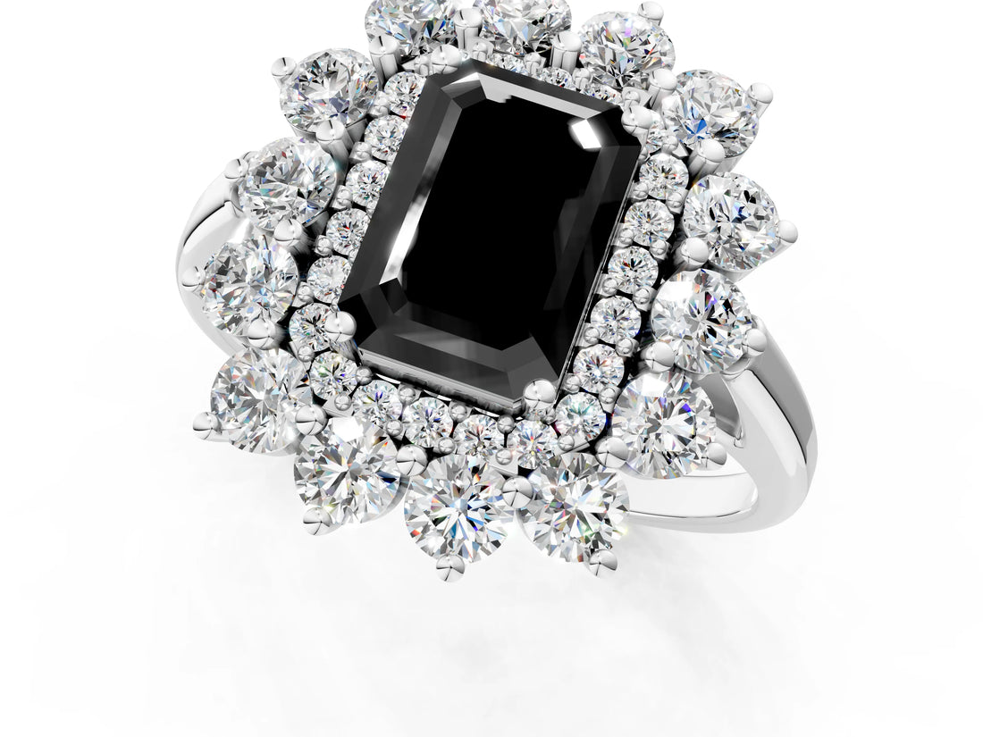 White gold Fancy Black Emerald Cut Halo Cluster Diamond Ring with Pave Band and Four-Prong Setting_13