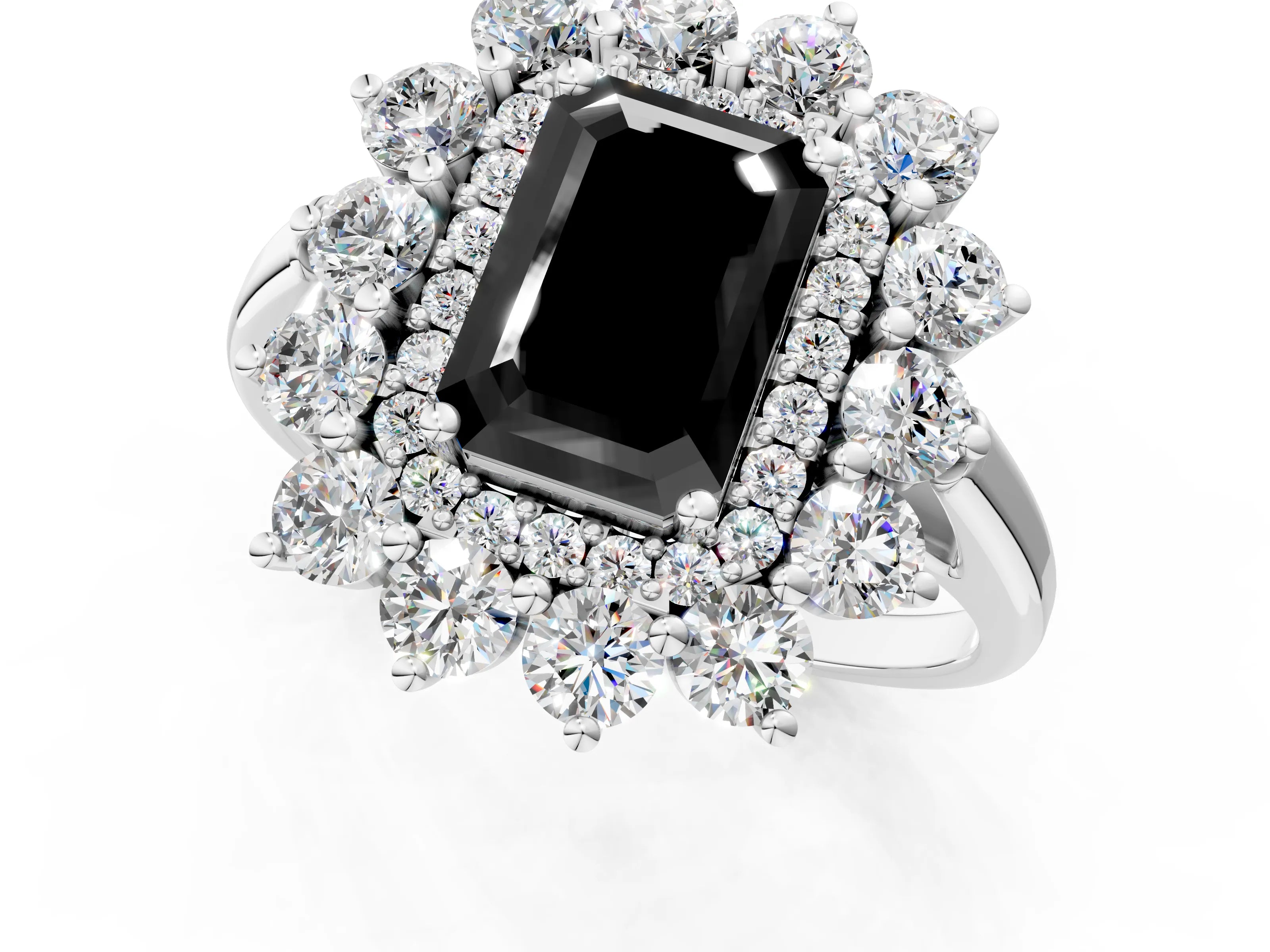 White gold Fancy Black Emerald Cut Halo Cluster Diamond Ring with Pave Band and Four-Prong Setting_13