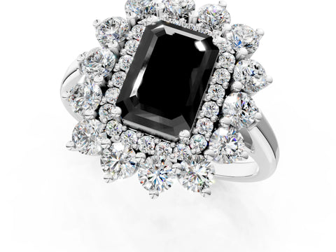 White gold Fancy Black Emerald Cut Halo Cluster Diamond Ring with Pave Band and Four-Prong Setting_13
