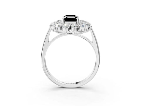 White gold Fancy Black Emerald Cut Halo Cluster Diamond Ring with Pave Band and Four-Prong Setting_15
