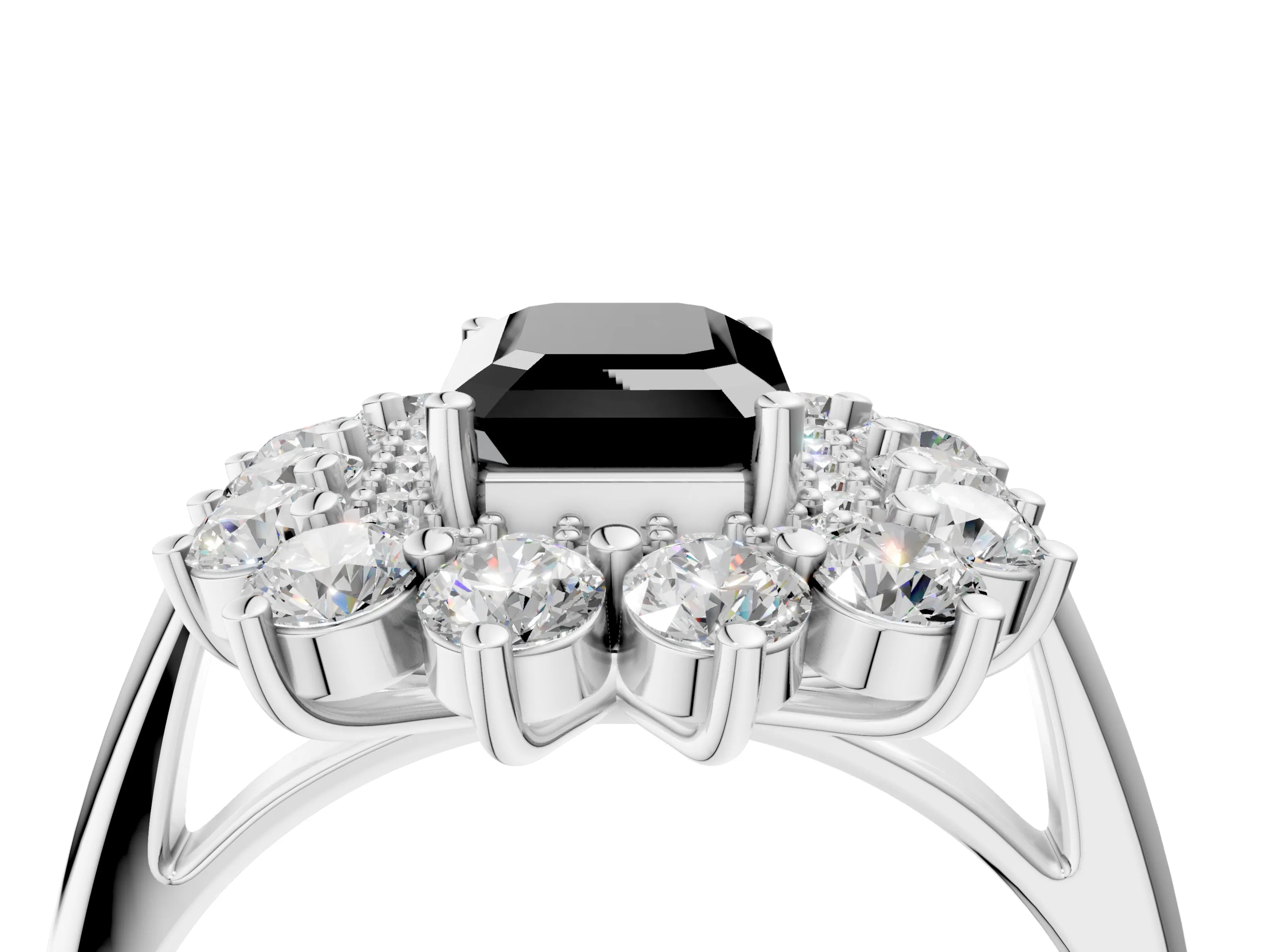White gold Fancy Black Emerald Cut Halo Cluster Diamond Ring with Pave Band and Four-Prong Setting_16