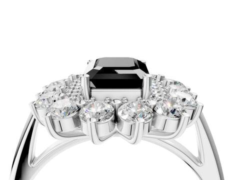 White gold Fancy Black Emerald Cut Halo Cluster Diamond Ring with Pave Band and Four-Prong Setting_16