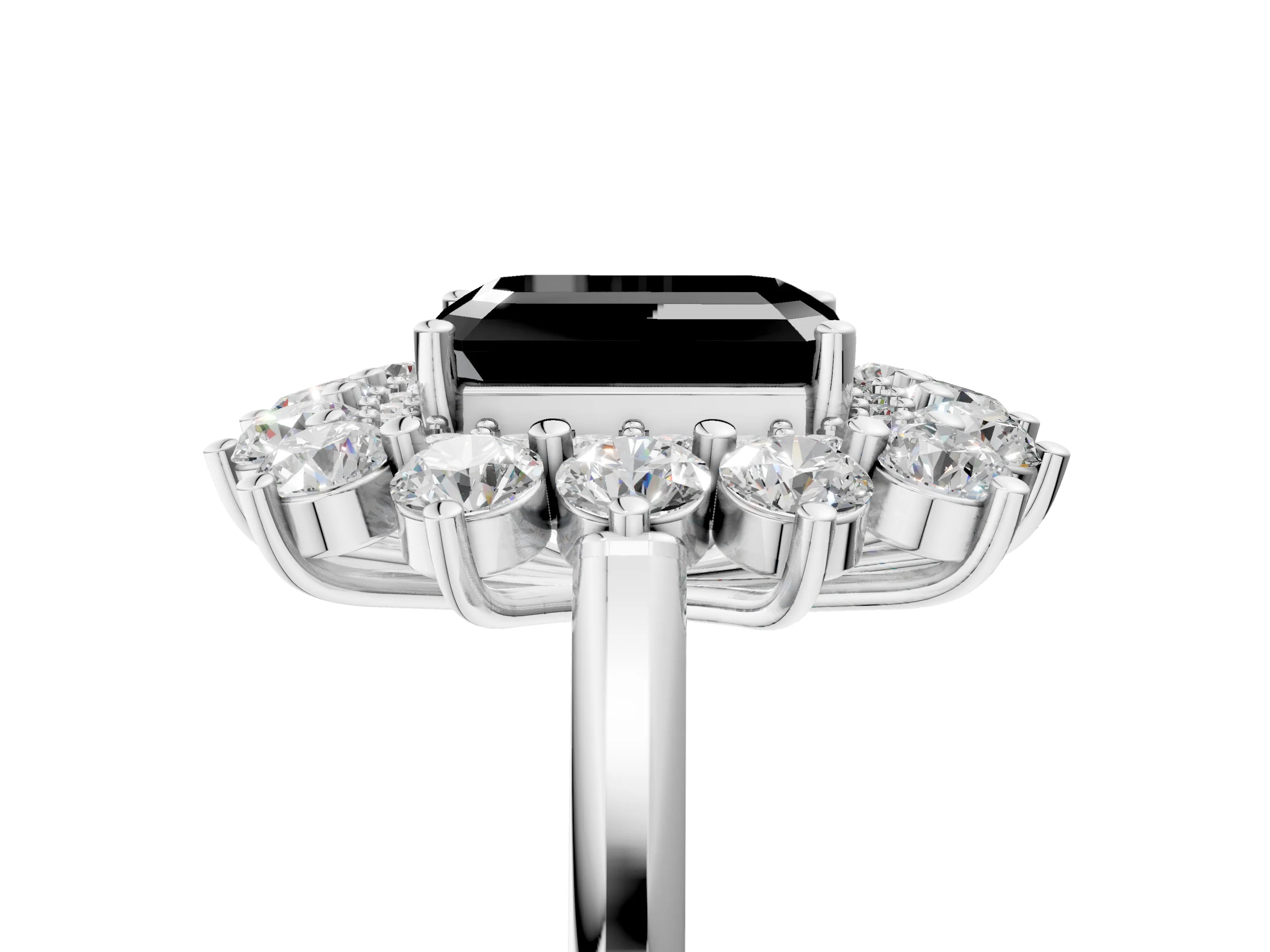 White gold Fancy Black Emerald Cut Halo Cluster Diamond Ring with Pave Band and Four-Prong Setting_17